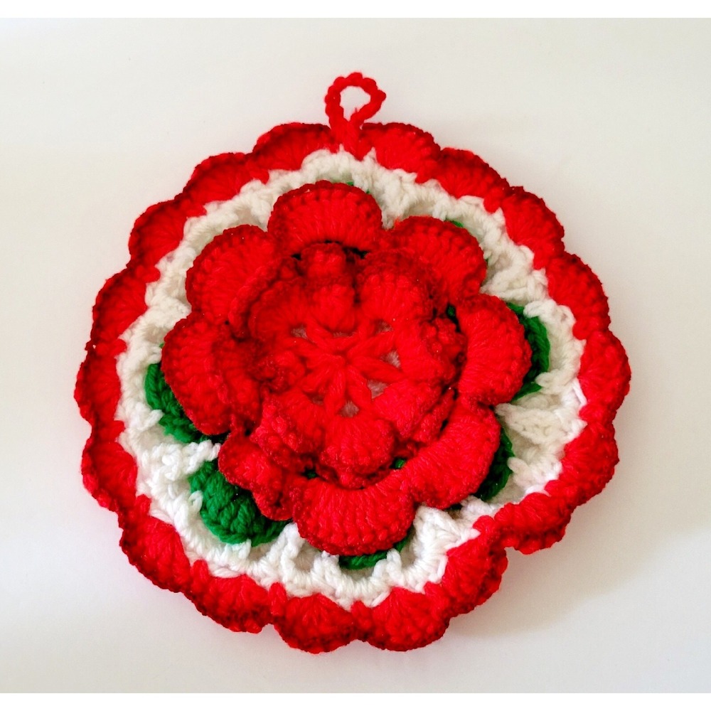 Handmade Crochet Trivet Hot Pad Red White Green Christmas Holiday Wall Decor
